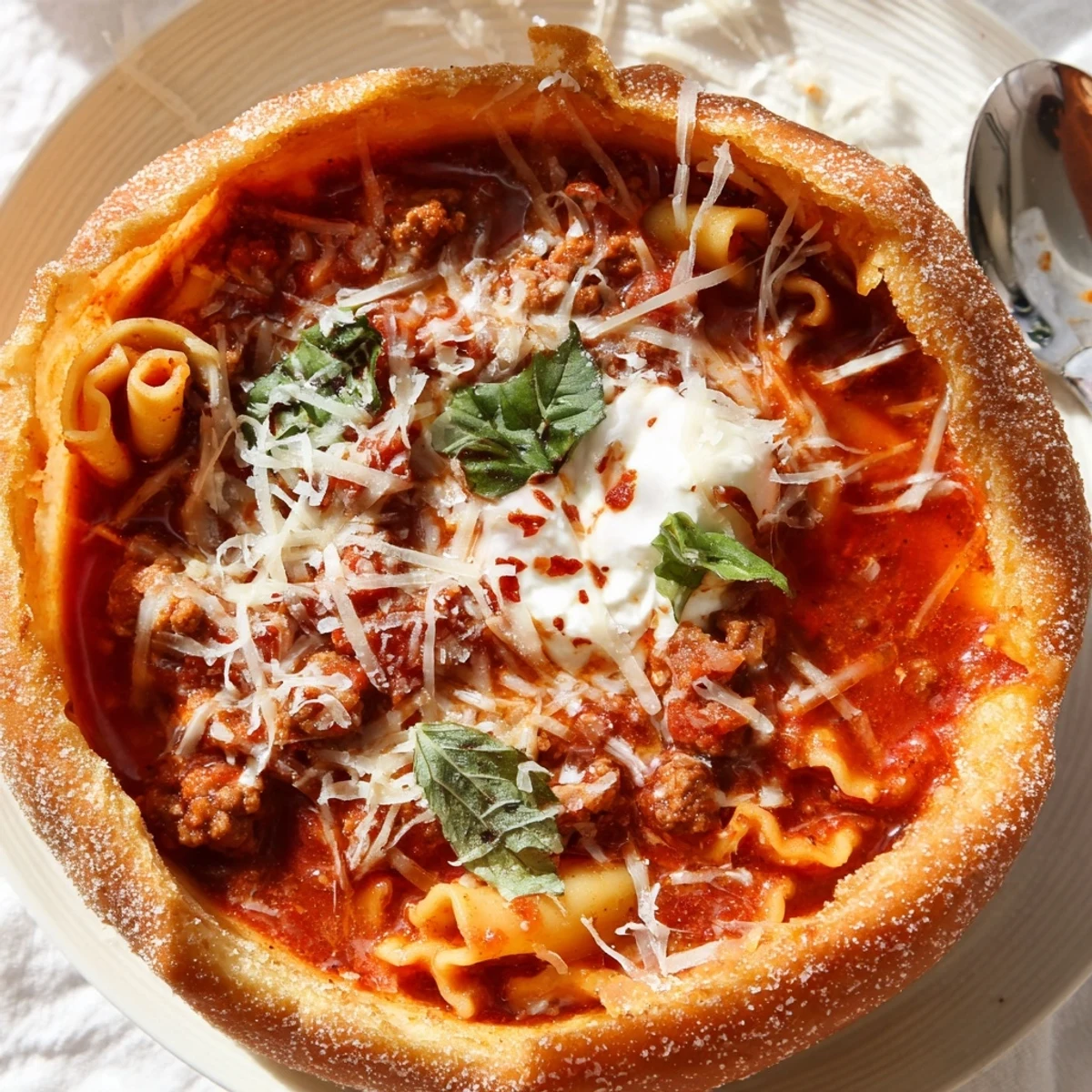Savory Lasagne Soup nestled in golden pizza dough bowls, topped with creamy ricotta cheese.
