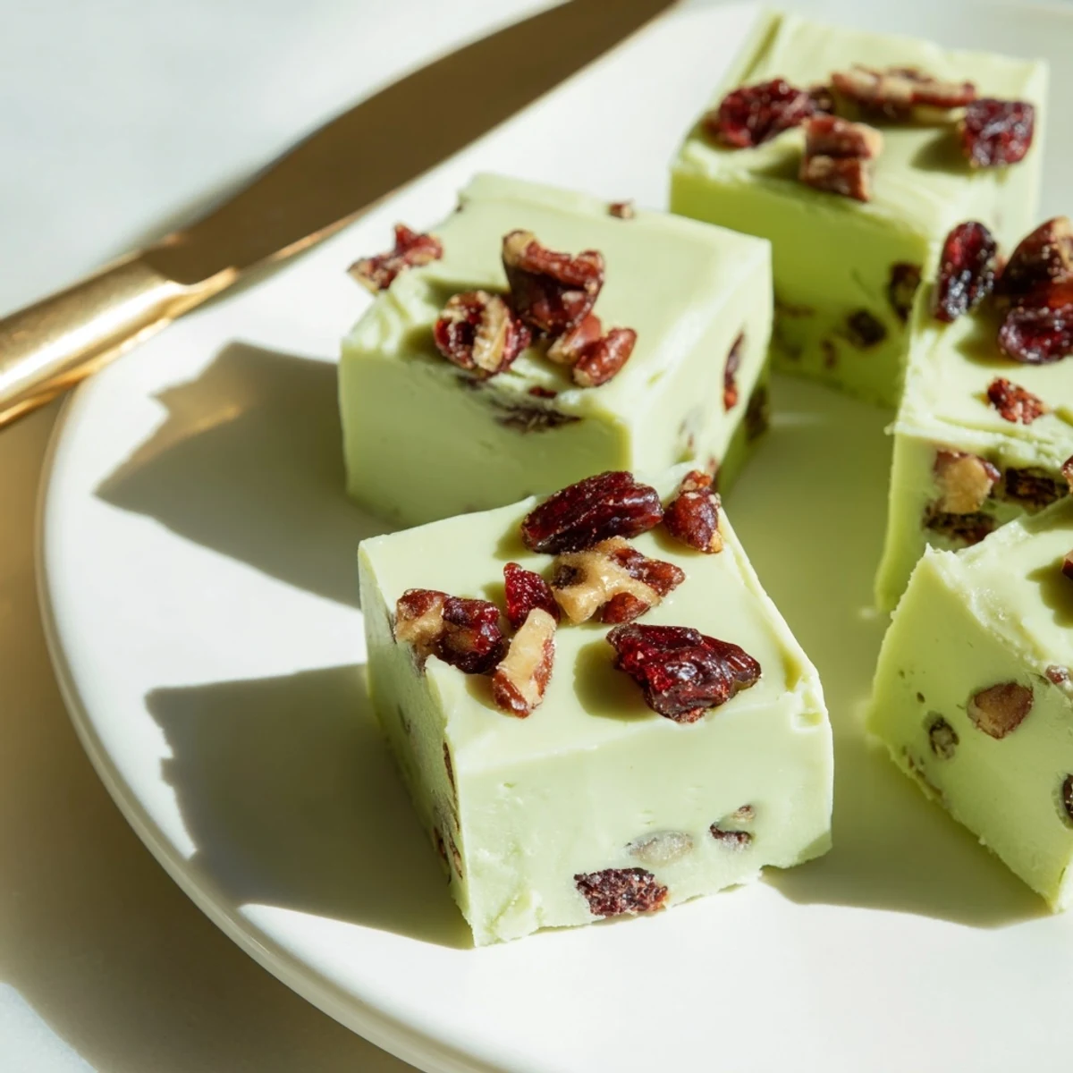 Vibrant green matcha fudge infused with white chocolate, ideal for festive gatherings.