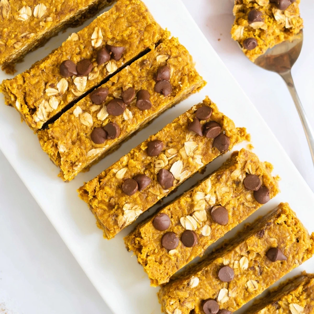 Sliced pumpkin muffin protein bars, showcasing vibrant orange and warm spices for breakfast.