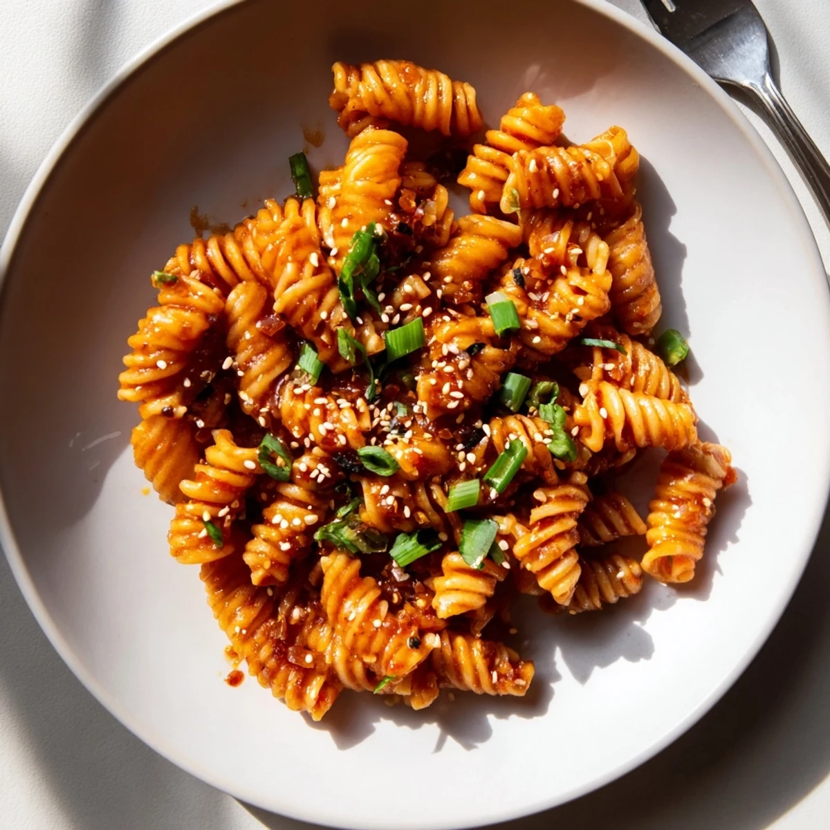 Crispy Japanese Chili Miso Pasta Bites garnished with fresh green onions and sesame.  