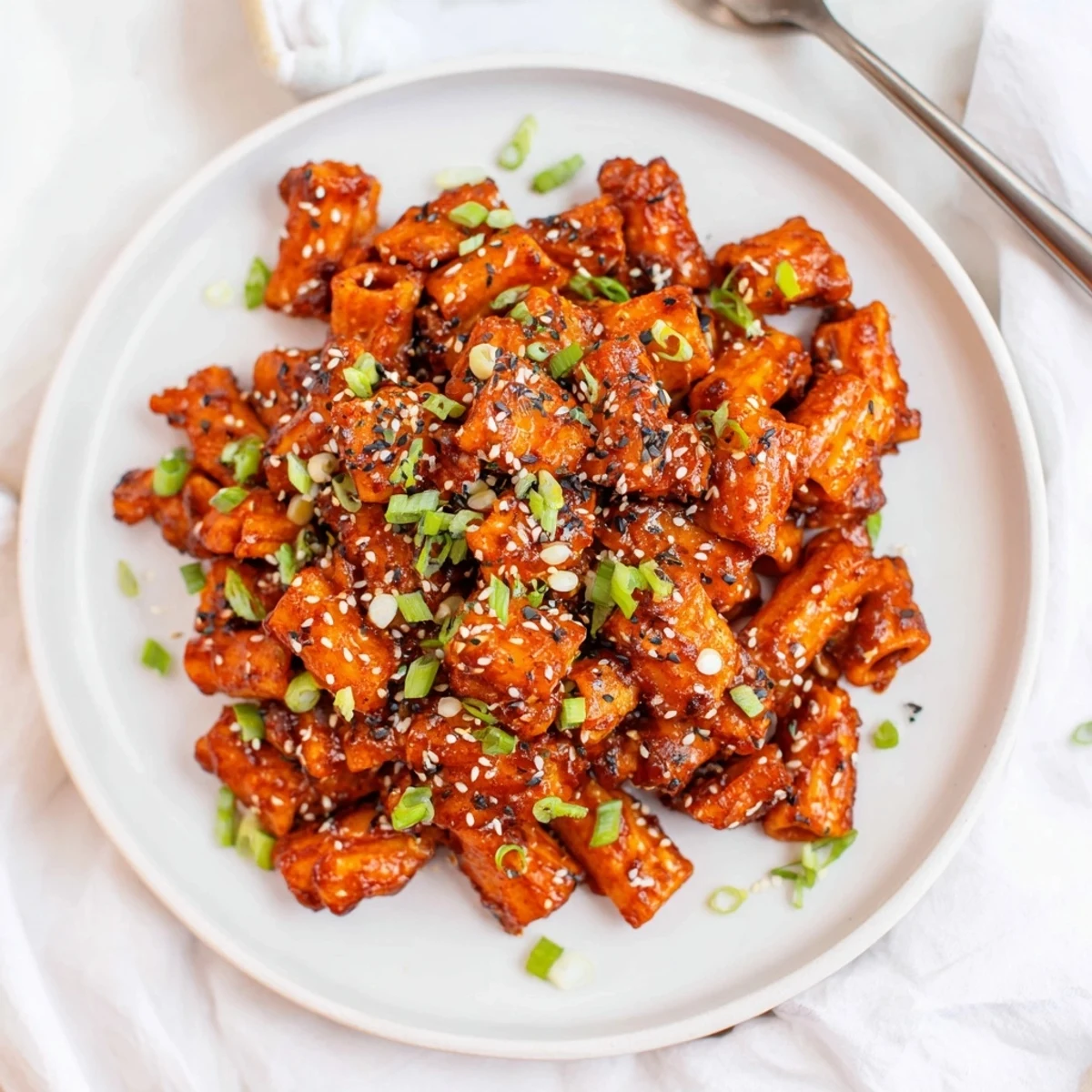 Savory baked pasta bites drizzled in spicy miso-chili glaze, perfect for snacking.  