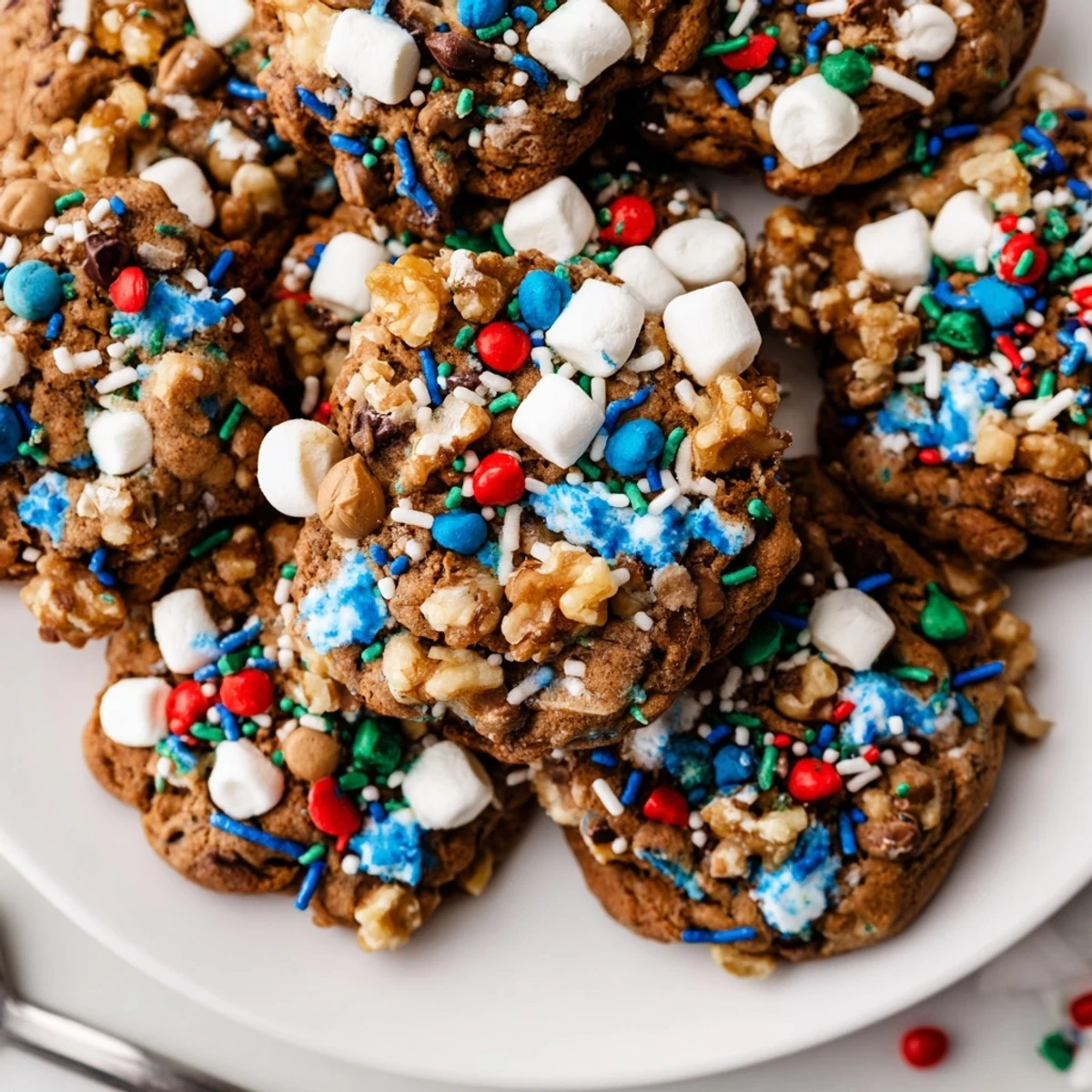 Chewy Loaded Rocky Road Hanukkah Christmas Cookies filled with chocolate, nuts, and marshmallows.