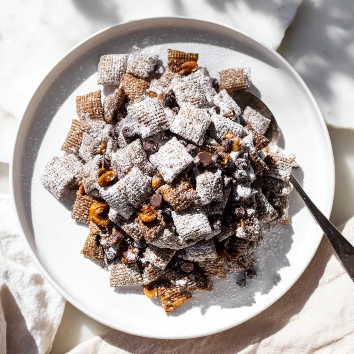 Sweet and crunchy Thanksgiving Chai-Spiced Puppy Chow, drizzled with chocolate and warming spices.