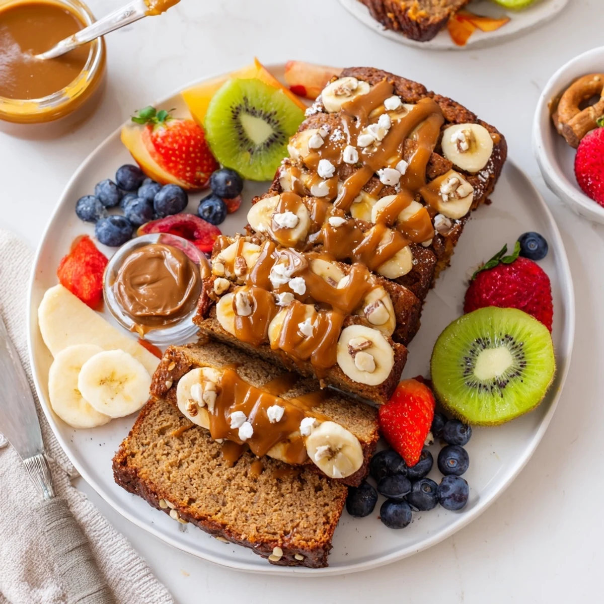 Moist slices of Caramel Banana Bread surrounded by colorful fresh fruits and sweet treats