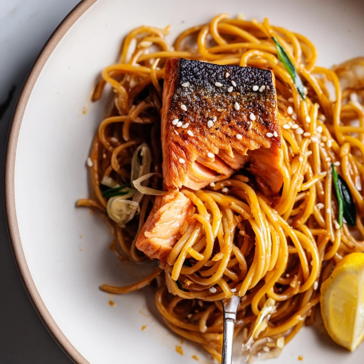 Crispy Japanese pan-fried salmon pasta garnished with fresh scallions and toasted sesame seeds.