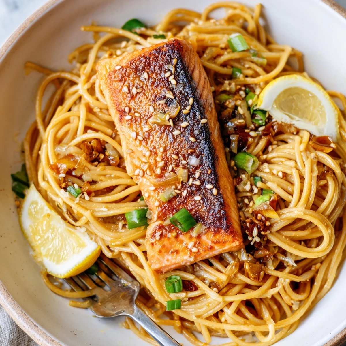Deliciously savory Japanese pan-fried salmon pasta with perfectly cooked spaghetti and lemon.