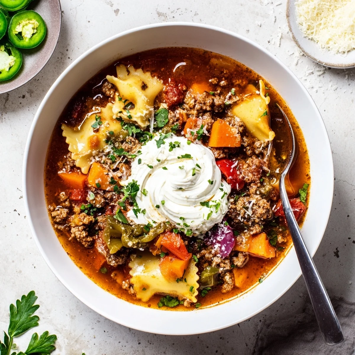 Comforting bowl of Lasagne Soup with spicy jalapeños and creamy cheese blend.  