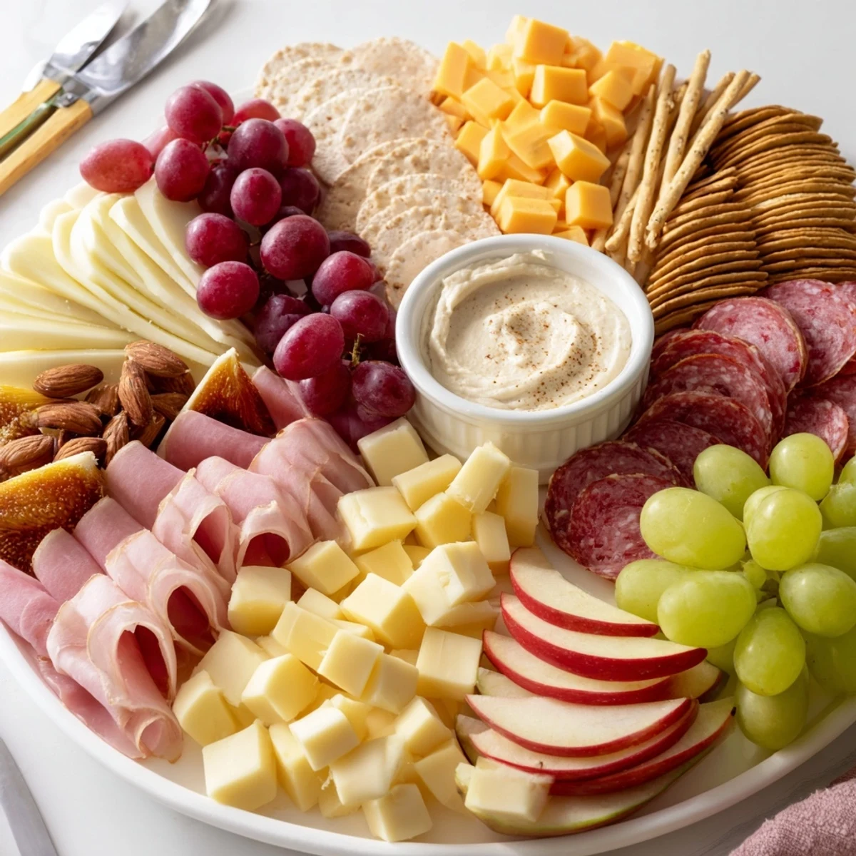 Colorful charcuterie board adorned with fresh fruits and a rich gingerbread dip.