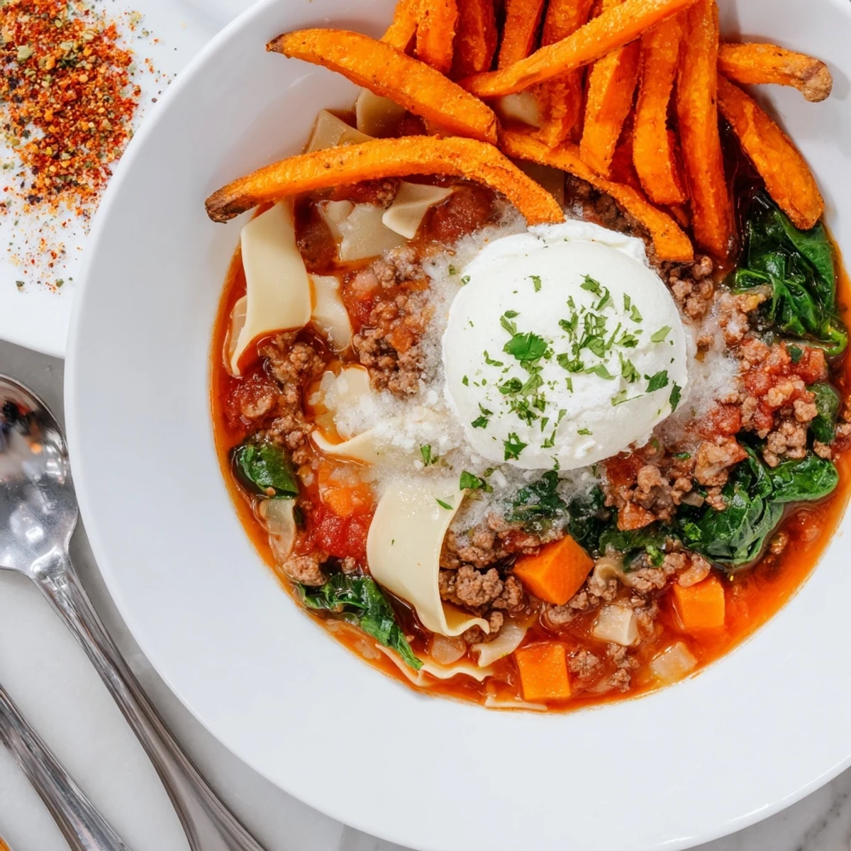 A steaming bowl of Lasagne Soup topped with creamy cheese, alongside golden sweet potato fries.  