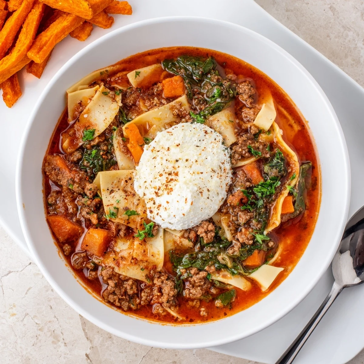 Comforting Lasagne Soup with vibrant spinach, paired with spicy oven-baked sweet potato fries.