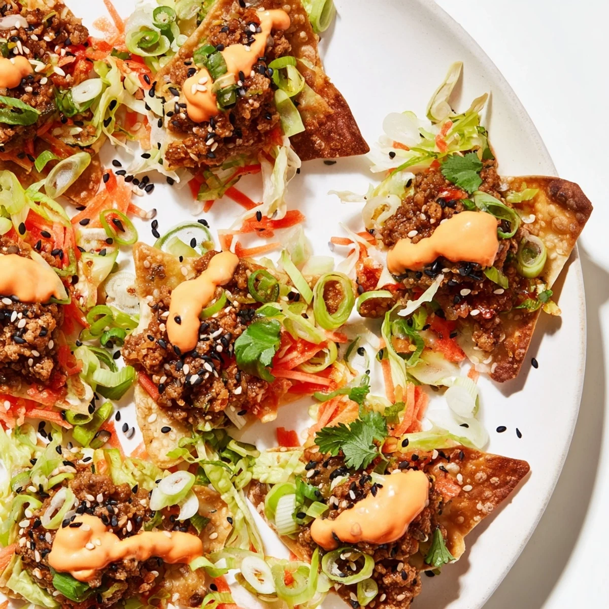 Deliciously layered Japanese Gyoza Nachos, featuring savory meat and crunchy wonton chips.  