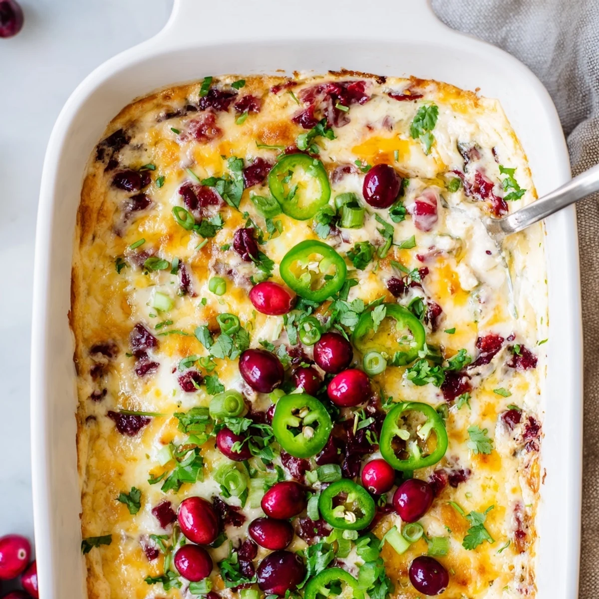 Vibrant cranberry jalapeño queso dip ready for holiday gatherings, rich and creamy delight.  