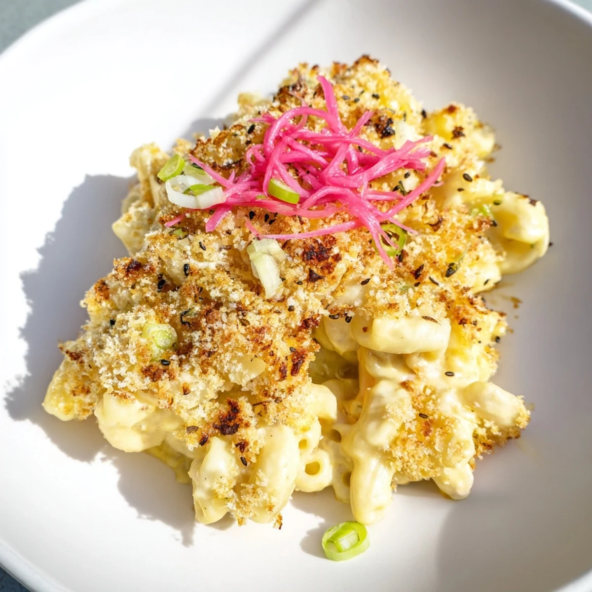 Creamy Katsu Curry Mac & Cheese baked with crunchy panko topping, perfect for dinner.  