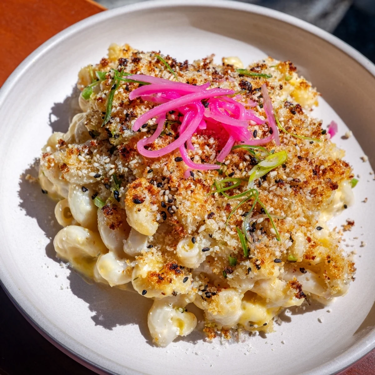 A comforting bowl of Katsu Curry Mac & Cheese, drizzled with savory sauce and herbs.  