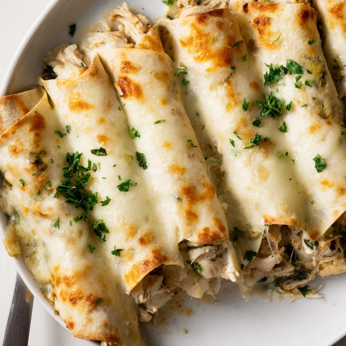 Creamy Chicken Alfredo Tortilla Bake garnished with parsley, perfect for family dinners.  
