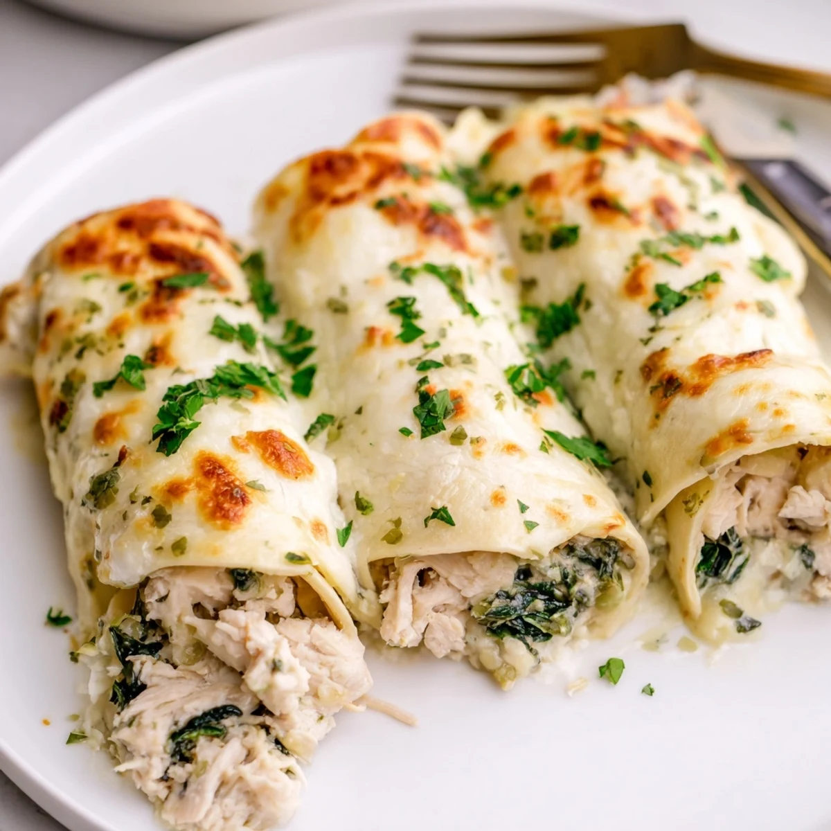 Golden-brown Chicken Alfredo Tortilla Bake served hot with melted cheese on top.  