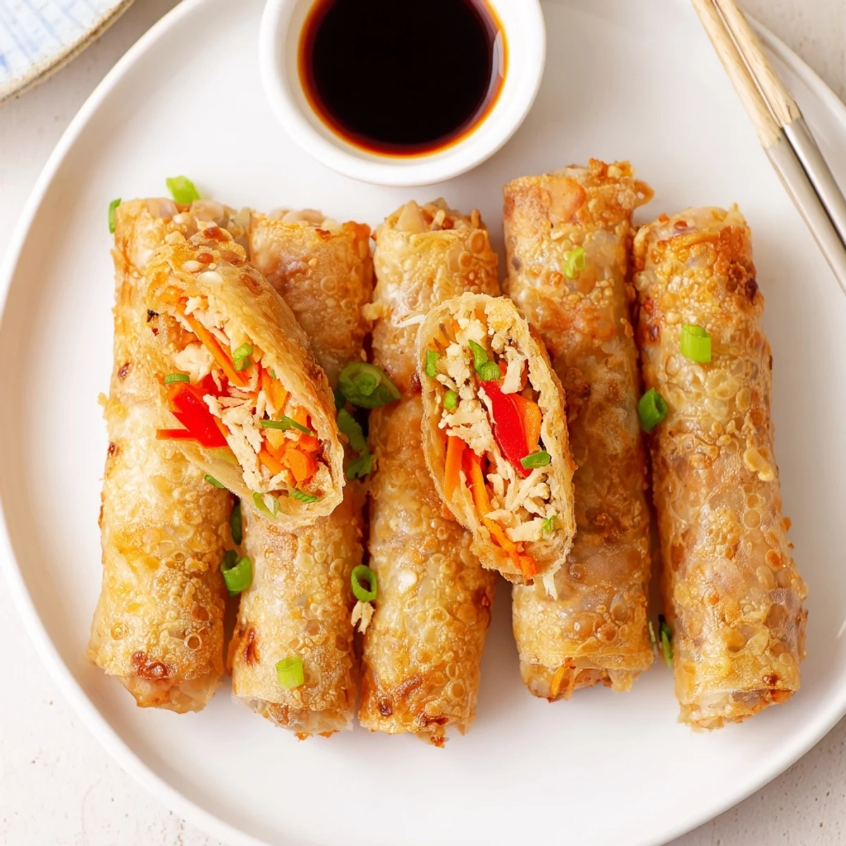 Crispy baked rice paper spring rolls filled with fresh veggies and savory chicken.  