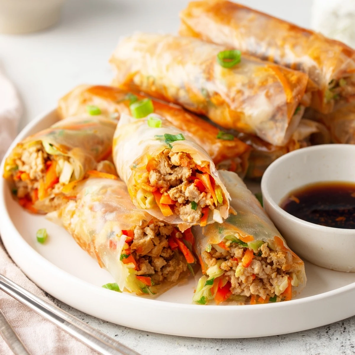 Golden brown spring rolls, stuffed with vegetables and served with tangy dipping sauce.  