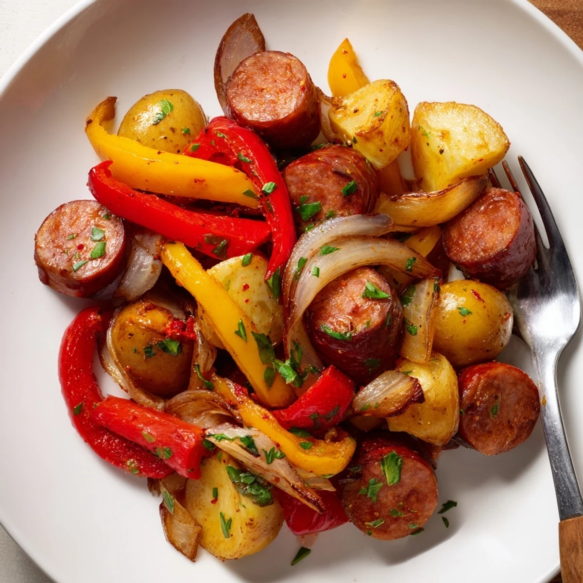 Rustic sausage & herb skillet featuring golden potatoes and vibrant bell peppers, perfect for dinner.  