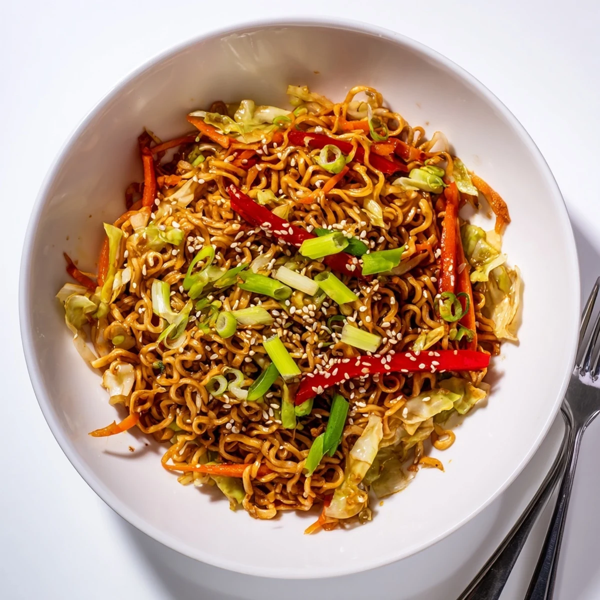Crisp cabbage and chewy ramen come together in a vibrant stir fry.  