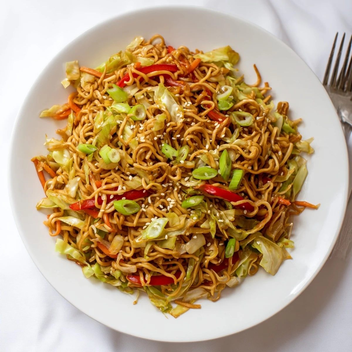 Savory Cabbage Stir Fry with Ramen topped with sesame seeds and green onions.  