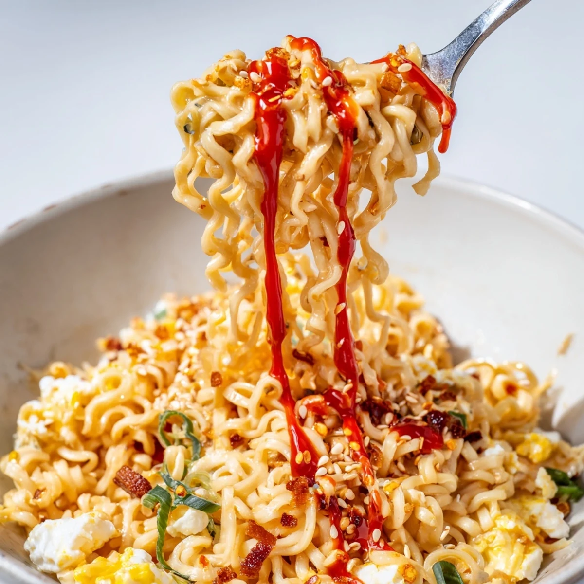 Delicious Spicy Ramen Carbonara featuring crispy pancetta and vibrant red pepper flakes.  