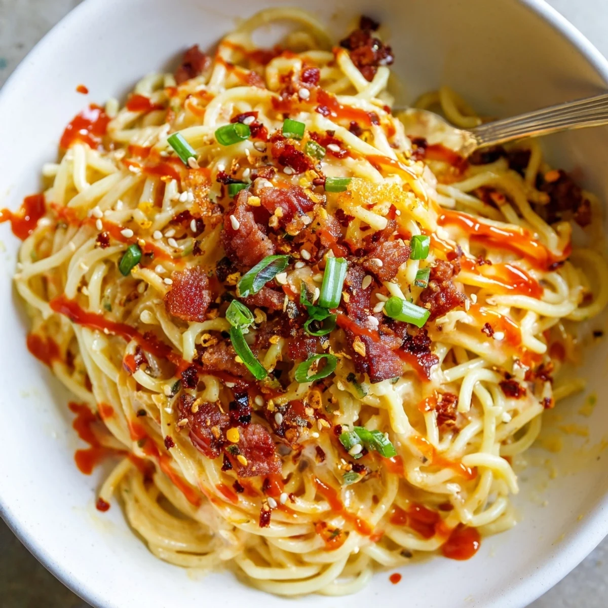 Luscious Spicy Ramen Carbonara served in a bowl, garnished with sesame seeds.