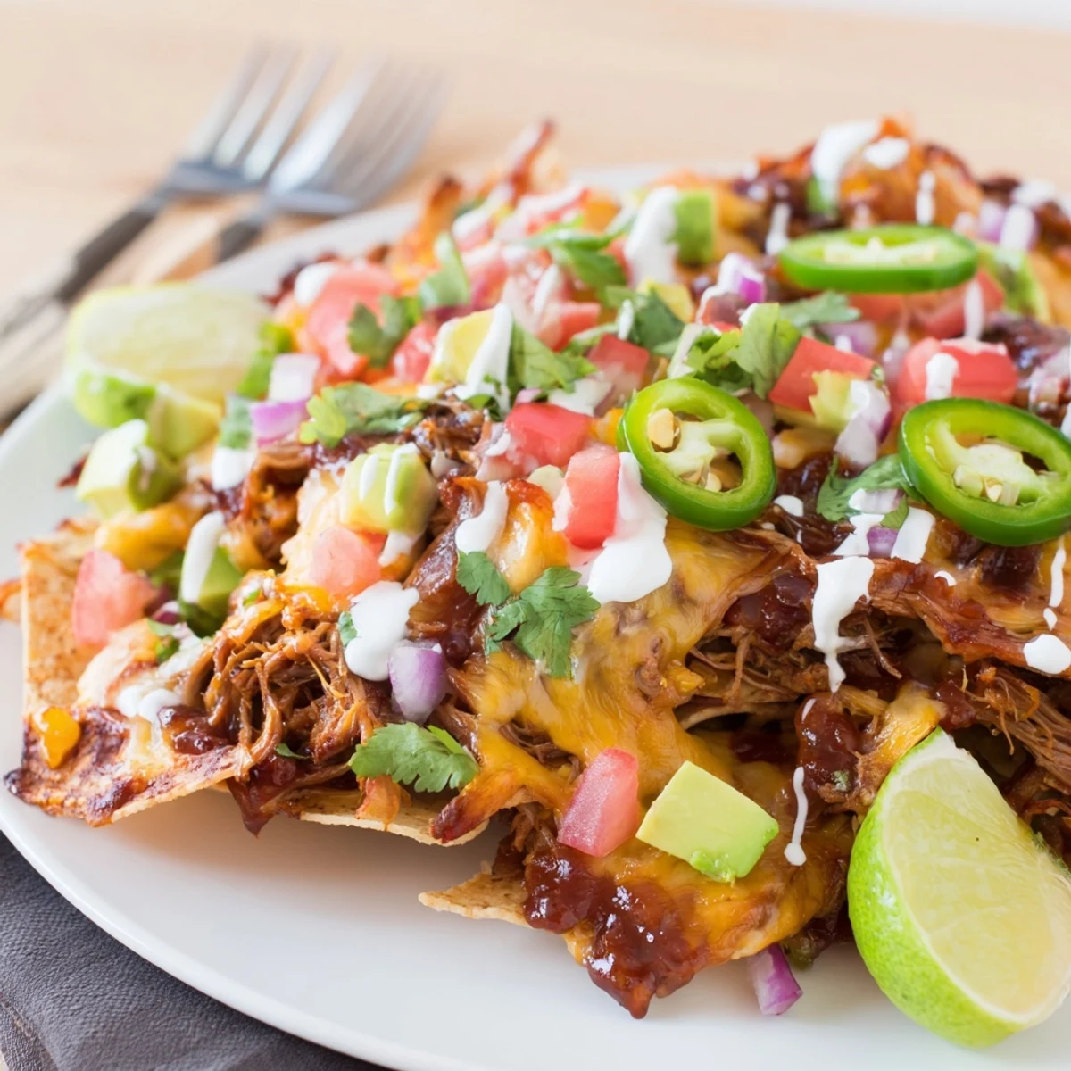 A mouthwatering platter of BBQ pulled pork nachos, ideal for snacks or casual gatherings.