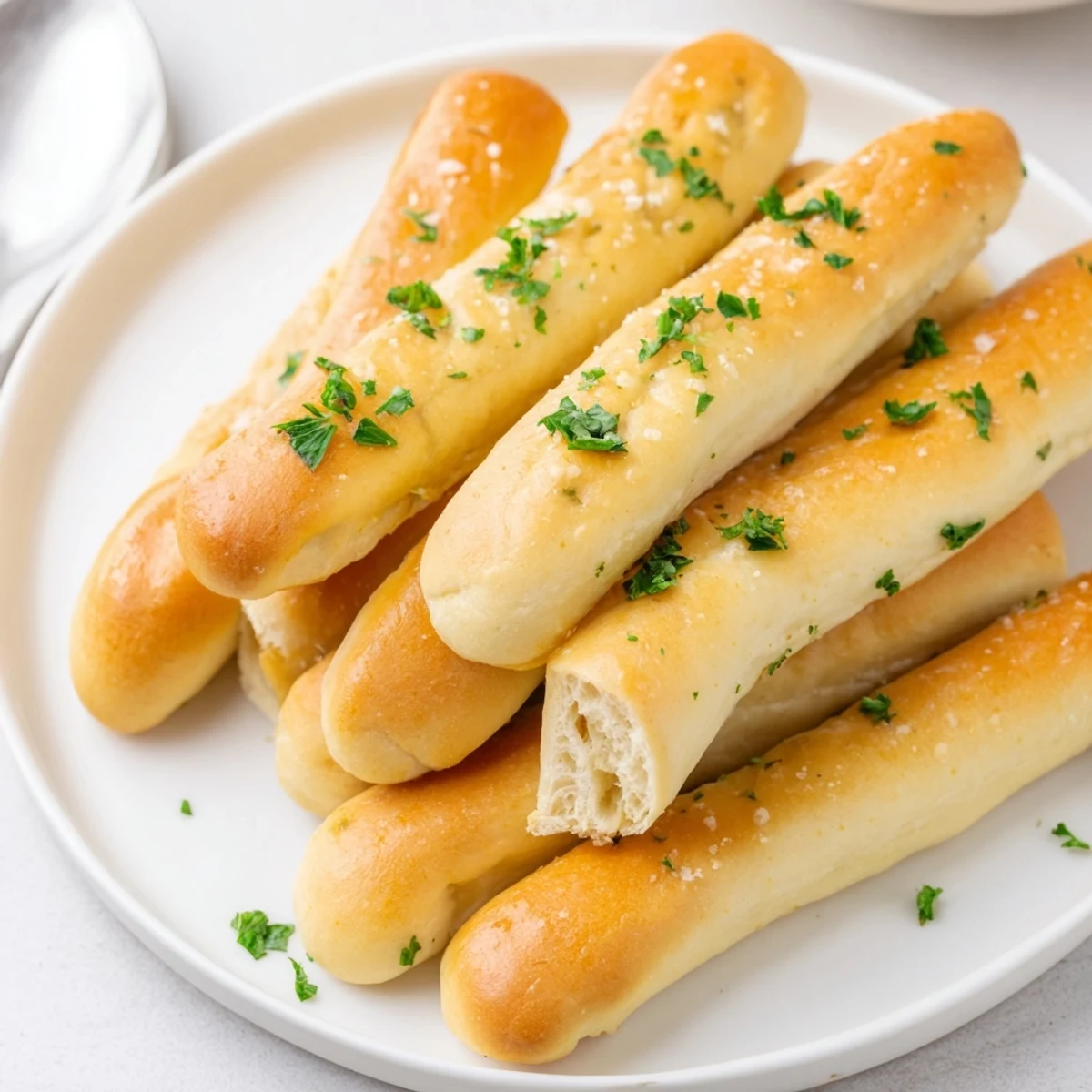 Freshly baked 2-ingredient dough breadsticks brushed with melted butter and garlic essence.  