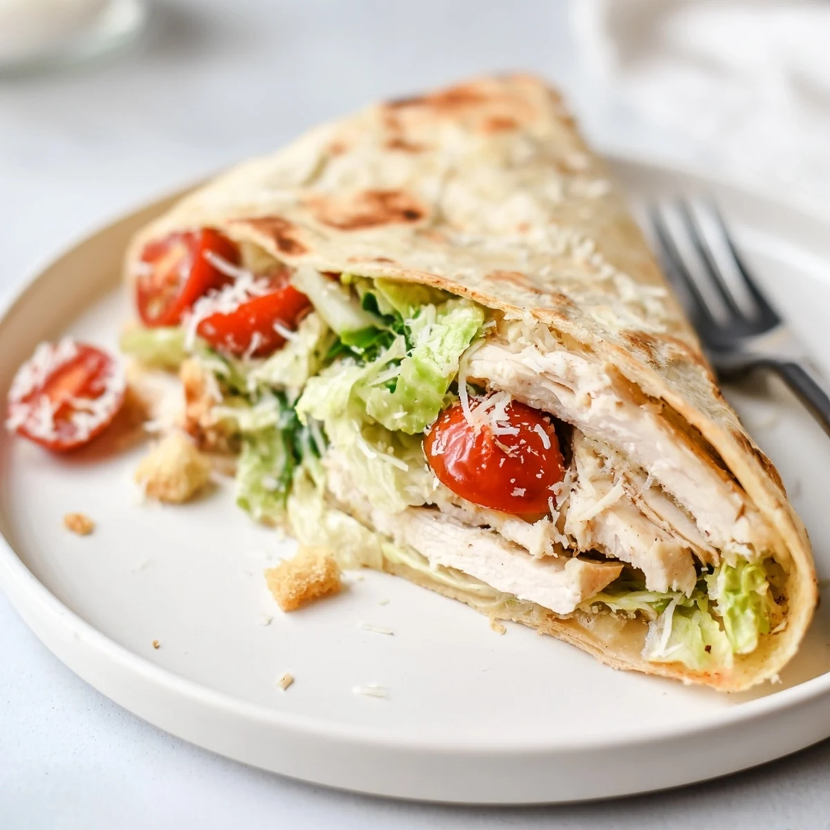 Satisfying Chicken Caesar Wrap Hack, showcasing tender chicken and parmesan cheese.