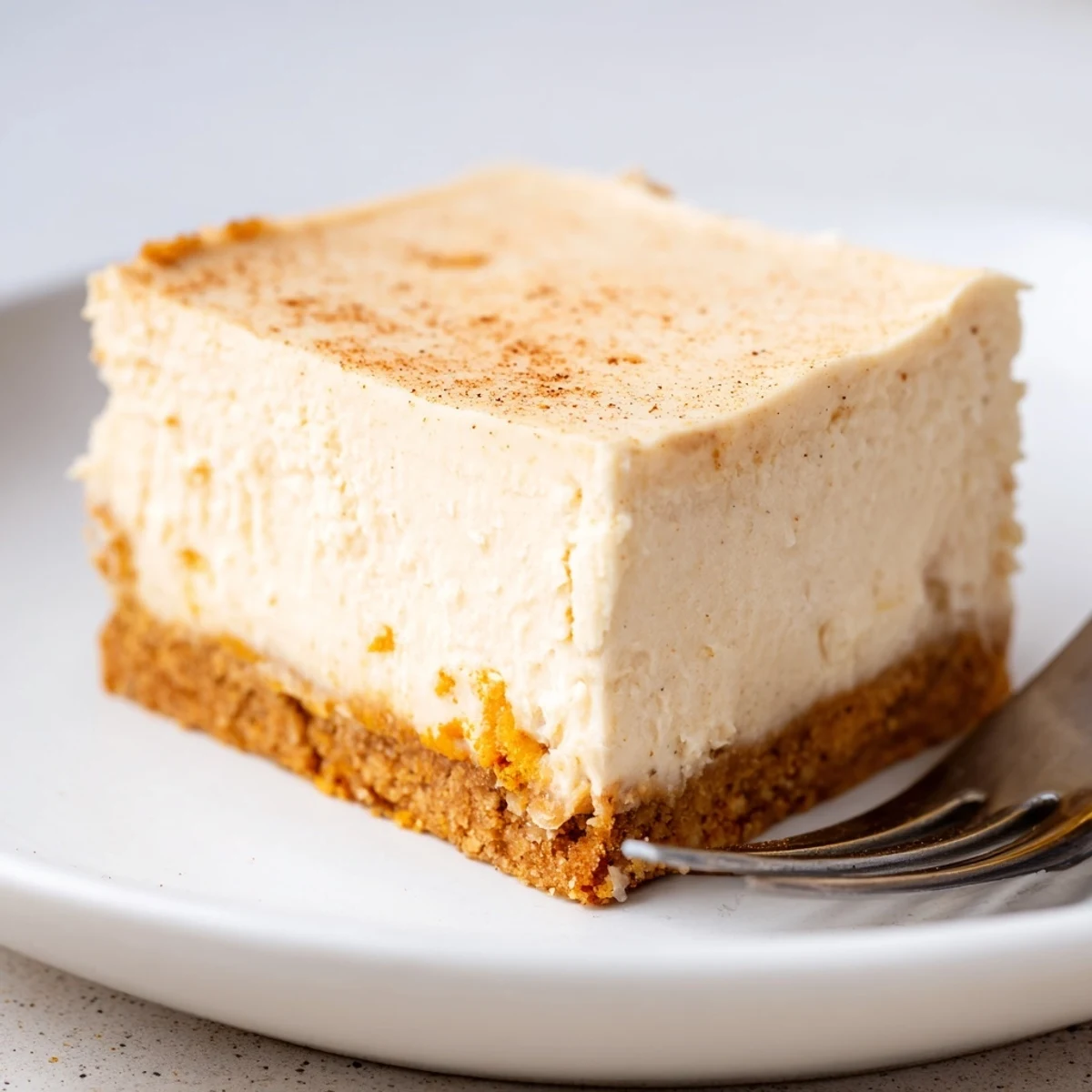 Delicious pumpkin spice cheesecake bars on a buttery crust, ideal for cozy evenings.  