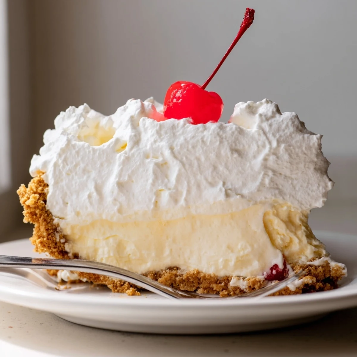 Creamy Classic Diner Coke Float Pie topped with fluffy whipped cream and cherries.  