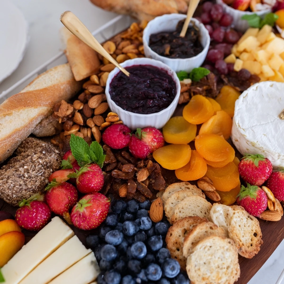 Sliced baguette paired with strawberry jam and fresh berries on a brunch board.  