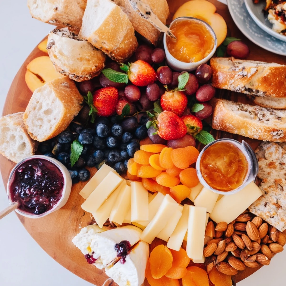 Vibrant jam-infused brunch board featuring artisan cheeses and seasonal fruits, perfect for sharing.