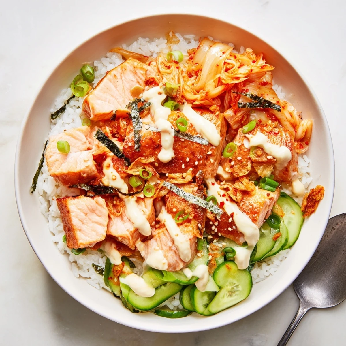Crispy salmon rice bowl topped with spicy mayo, kimchi, and fresh avocado slices.  