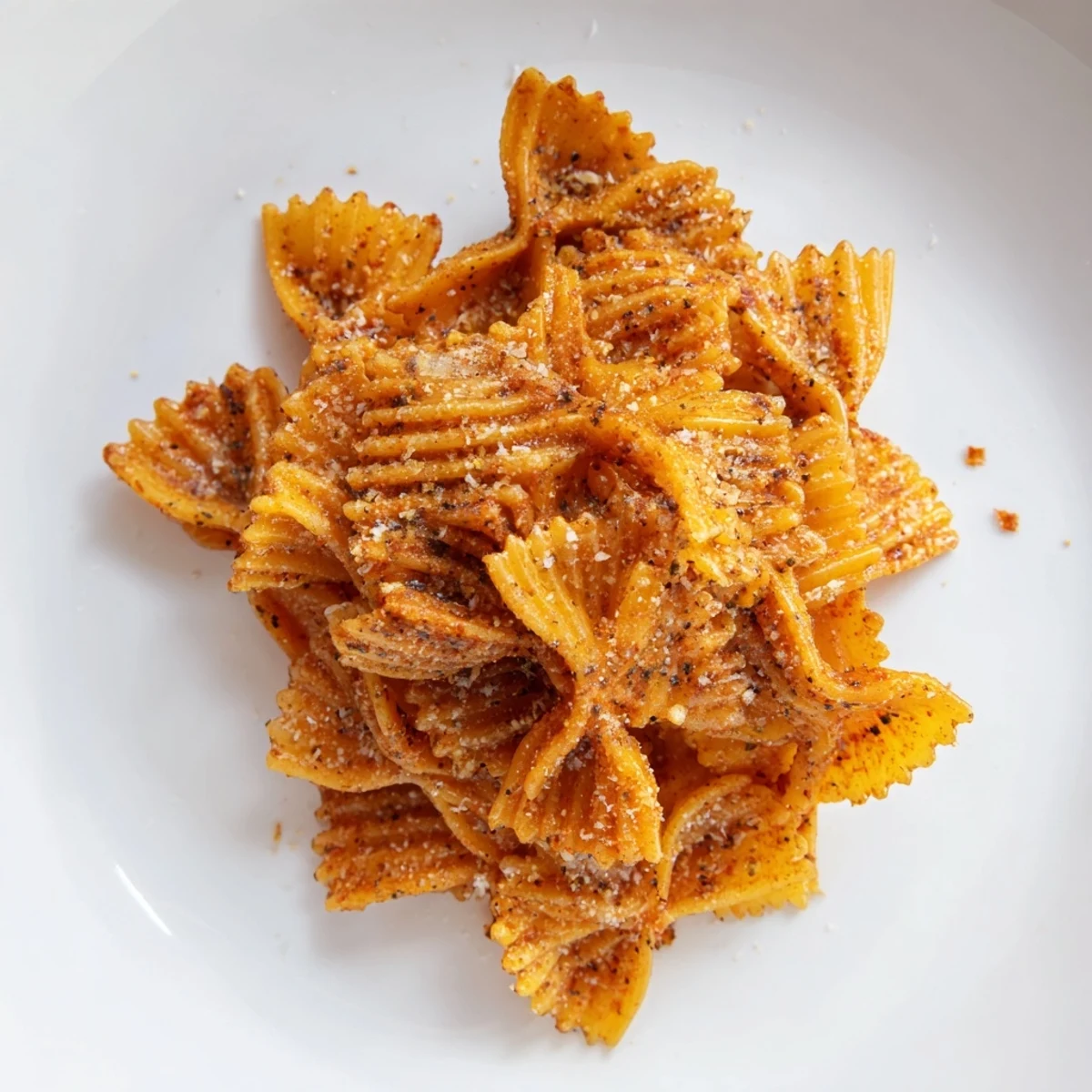 Baked pasta chips seasoned with garlic and paprika, ideal for a tasty snack.  