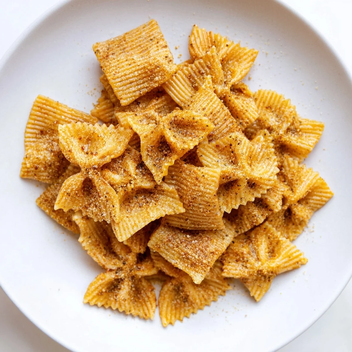 Golden brown, flavorful pasta chips seasoned variety, perfect for game day munching.