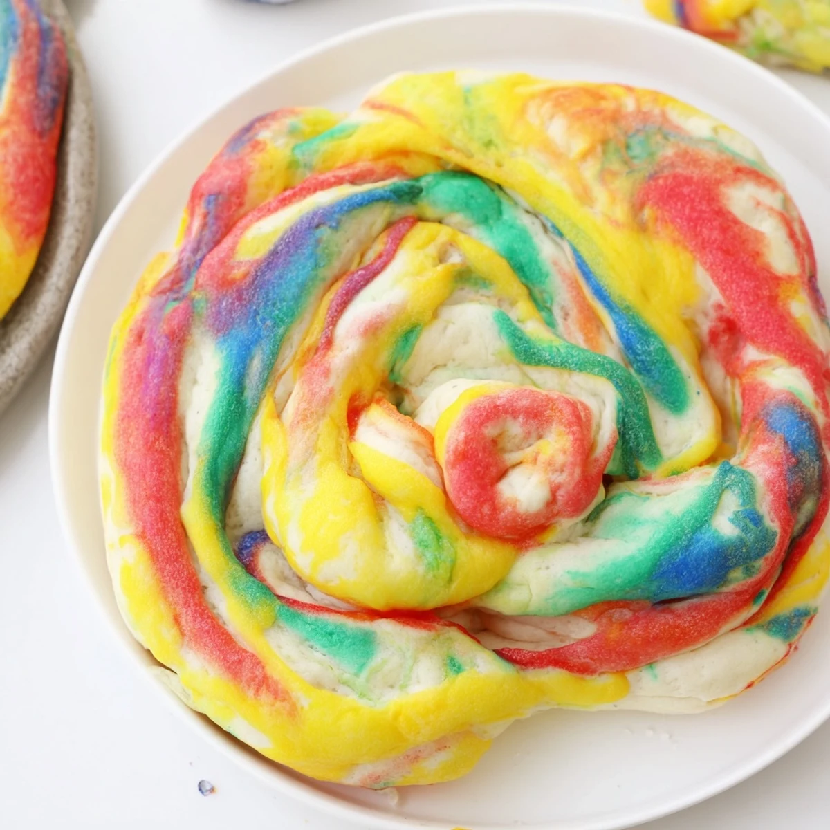 Light and airy rainbow cloud bread served with fresh berries and whipped cream.