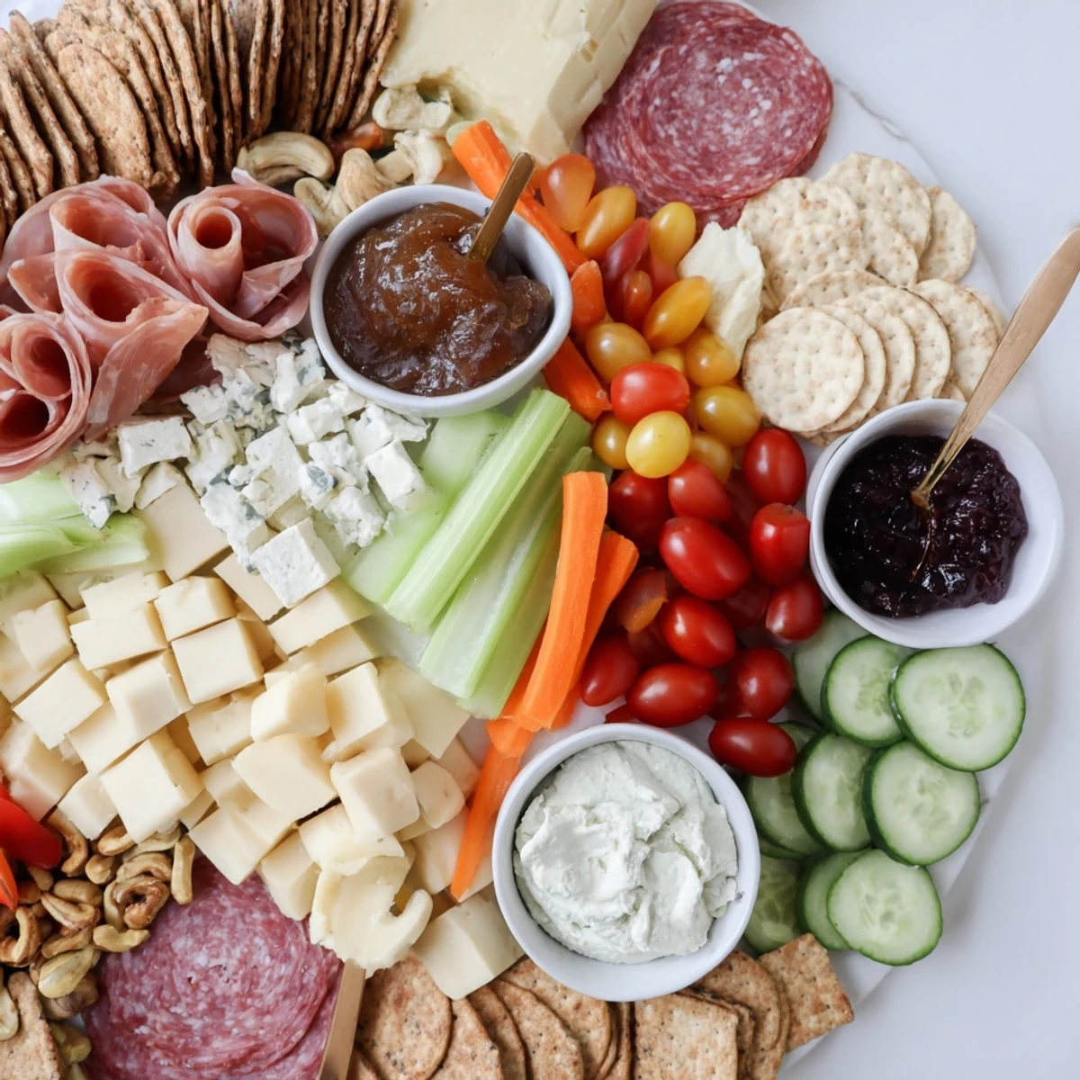 Deliciously arranged girl dinner platter featuring cheeses, veggies, and inviting dips for guests.