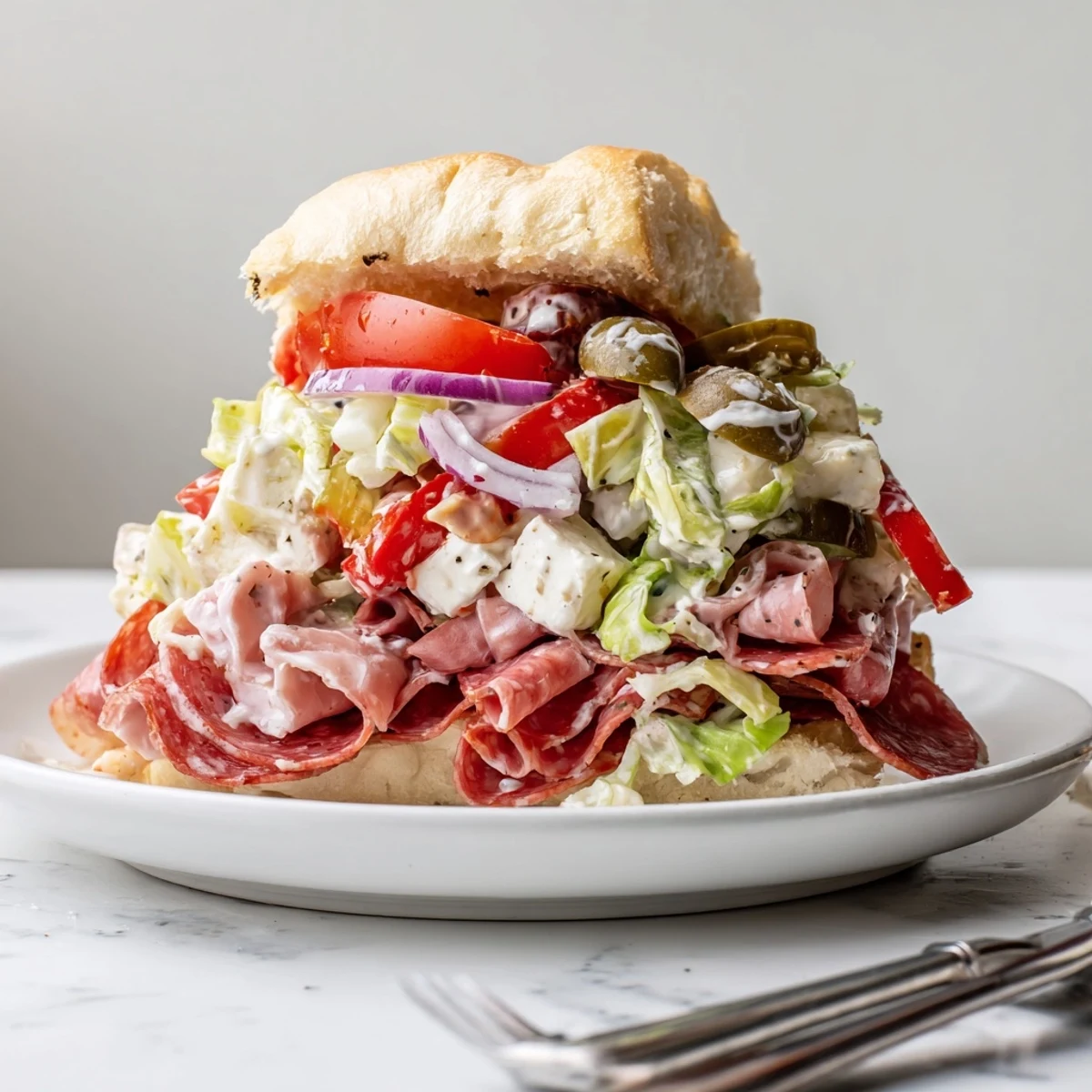 Delicious Flavor Mash-Up Sandwiches featuring a zesty mix of meats and crunchy vegetables.