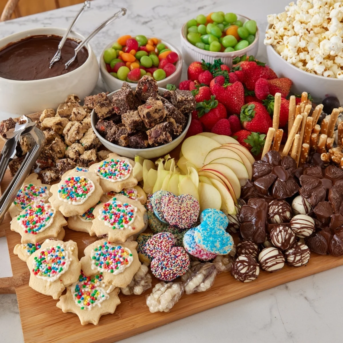 A colorful dessert board with sweet snacks and fresh fruits for any holiday.  