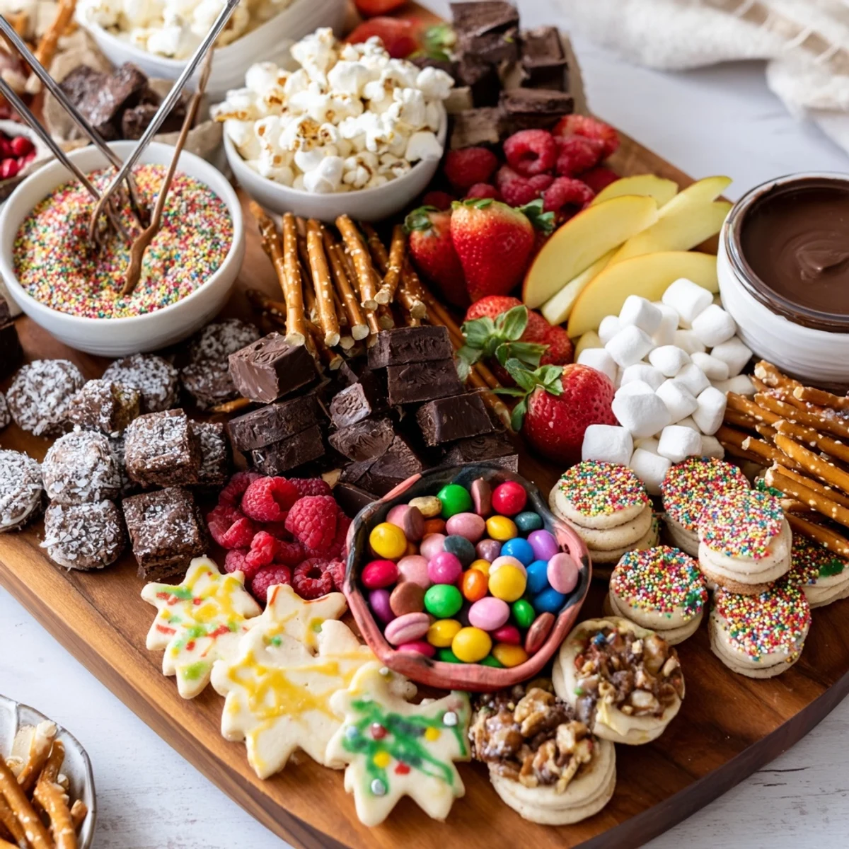 Festive dessert board featuring cookies, candies, and chocolate dips for sharing joyfully.  
