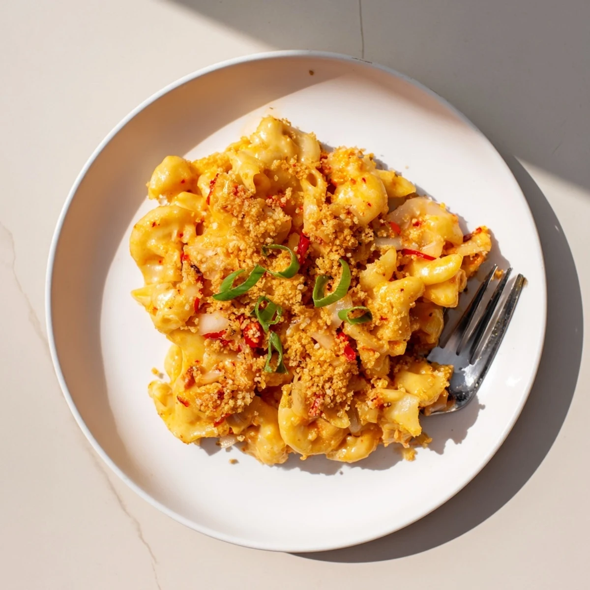Bold Spicy Kimchi Mac & Cheese, rich with melted cheese and tangy kimchi flavors.  