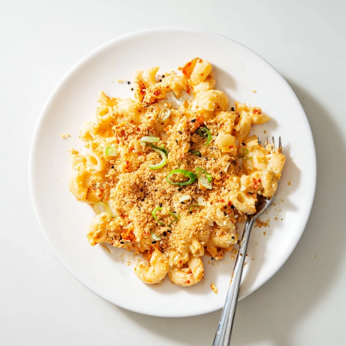 Irresistible Spicy Kimchi Mac & Cheese, baked to golden perfection with a crispy topping.