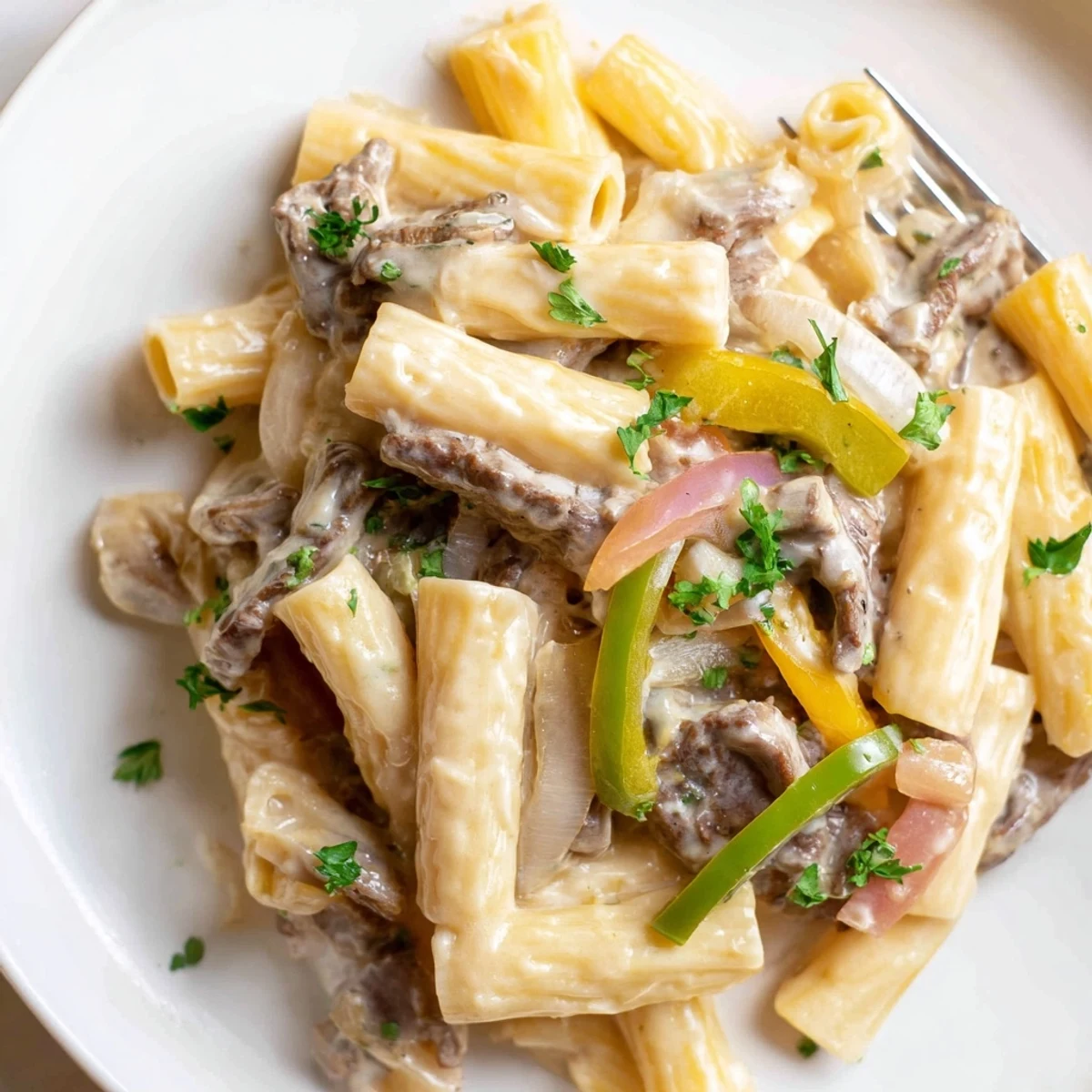 Sautéed peppers and tender beef mingle in this delicious Philly Cheese Steak Pasta dish.  