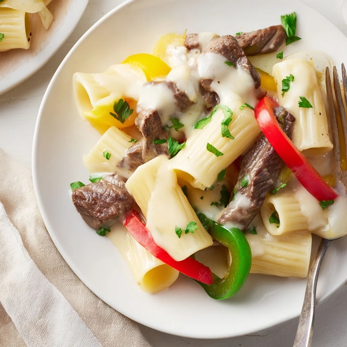 Rich and creamy Philly Cheese Steak Pasta served warm, perfect for family dinners.