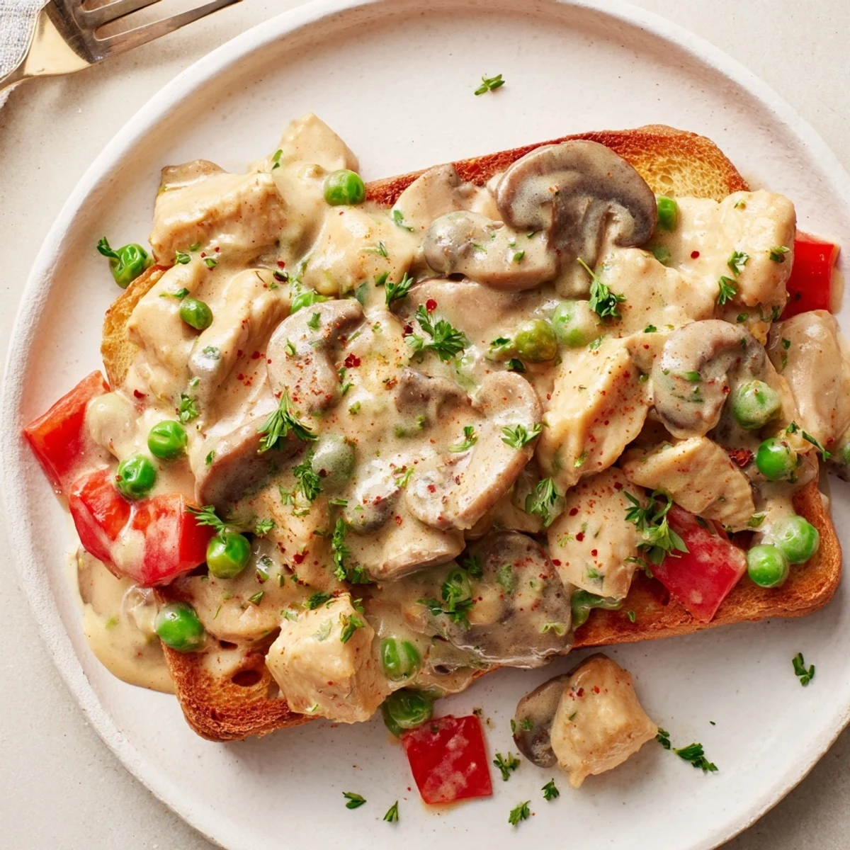 Savory Chicken à la King with mushrooms and peas, perfect for casual weeknight dinners.  
