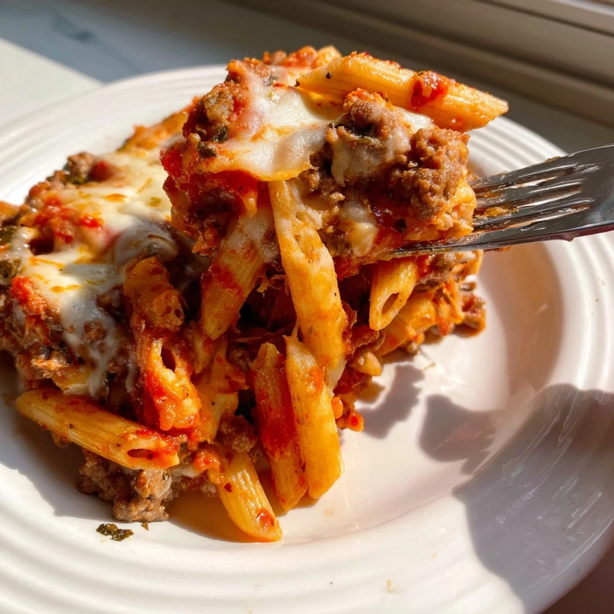 Cheesy Beef & Penne Bake topped with golden mozzarella, perfect for cozy family dinners.  