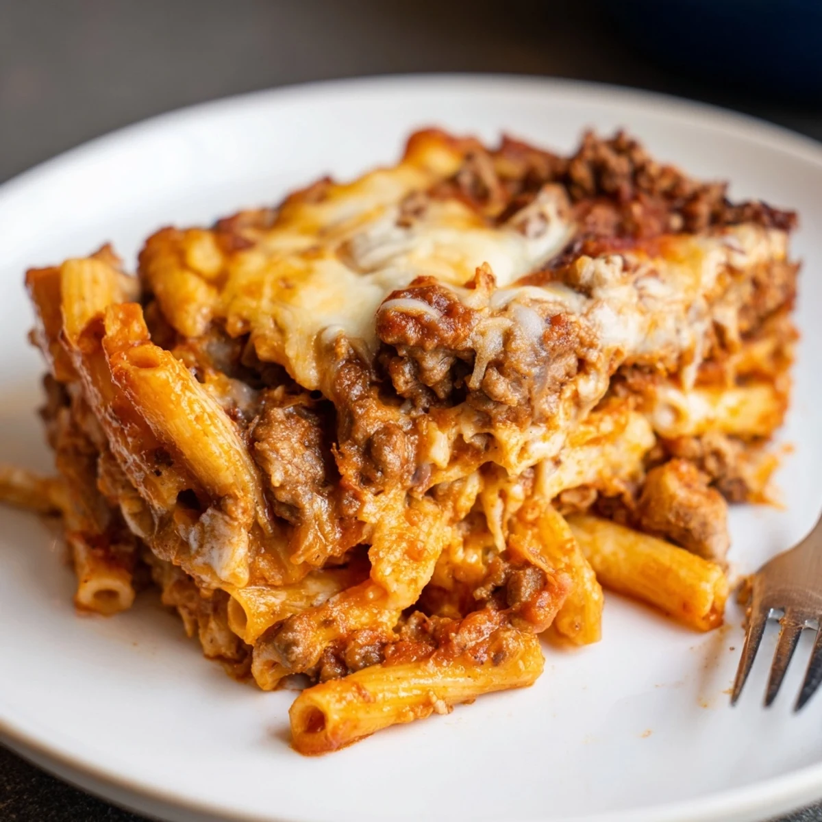 A bubbling dish of Cheesy Beef & Penne Bake ready to impress at potlucks.  