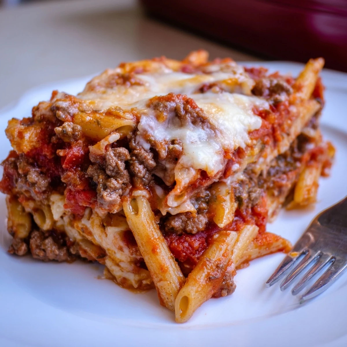 Warm Cheesy Beef & Penne Bake with rich tomato sauce and savory beef blend.